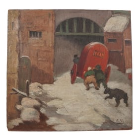 Signed Oil On Panel Winter Street Scene