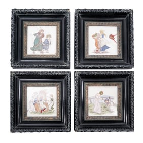 (4 pcs) Kate Greenaway (English, 1846-1901) Porcelain Tiles