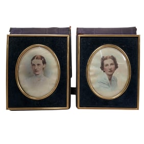 (2 pcs) Antique Hand-Painted Fabric Portraits