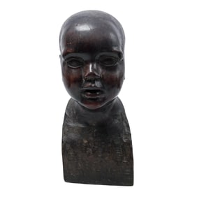Antique Large Carved Wooden Bust Of a Child