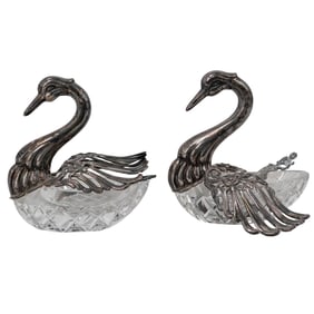 Pair Sterling Silver & Cut Crystal Swan Salt Cellars