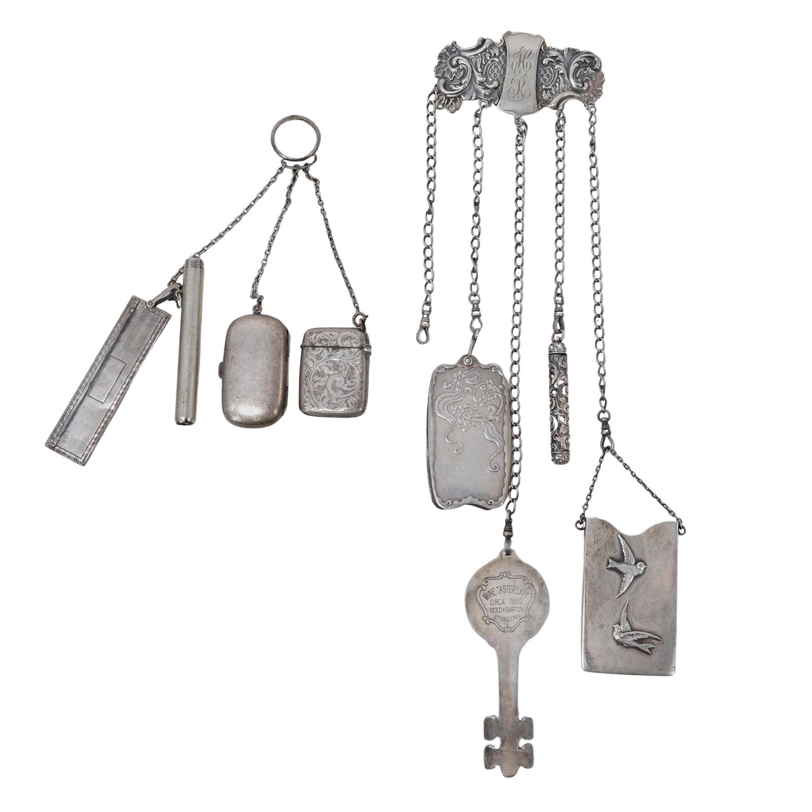 (2 pcs) Antique Sterling Silver Chatelaines: (2 pcs) Antique Sterling Silver ChatelainesLate 19th-early 20th century, American, EnglishA two piece grouping of chatelaines, each featuring keys, snuff bottles, match safes, bone aide memoirs, and a