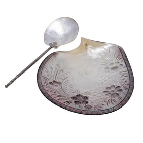 (2pc) Antique Hand Carved Mother of Pearl Caviar Dish Set