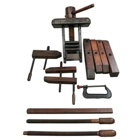 Assorted Antique Wood and Metal Tools; Bench Vice
