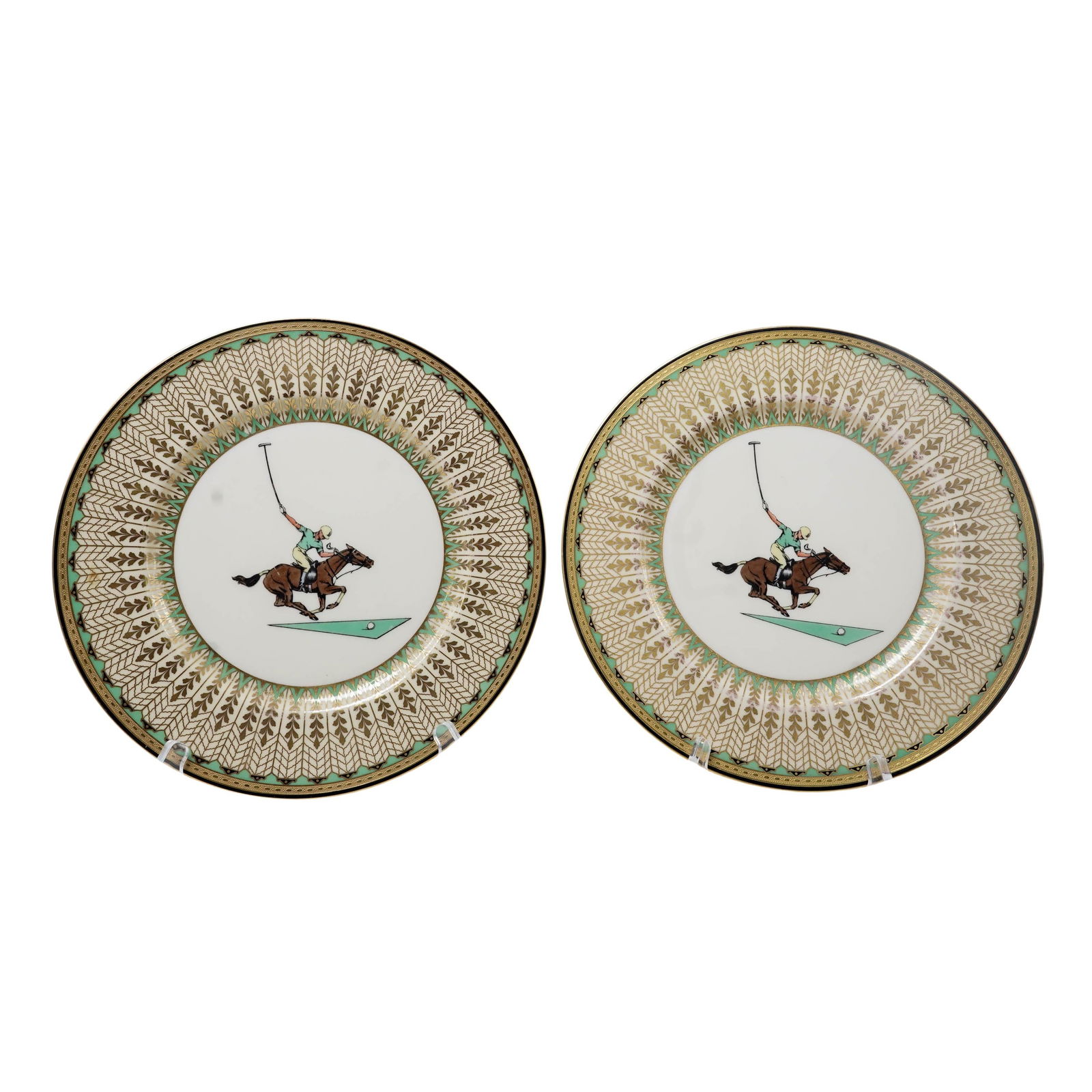Pair Lenox for Black Starr & Frost Gilt Porcelain Polo Plates: Pair Lenox for Black Starr & Frost Gilt Porcelain Polo PlatesMid 20th Cent. USATwo porcelain plates made by Lenox for Black Starr & Frost, each decorated with hand painted polo player, and an intricat
