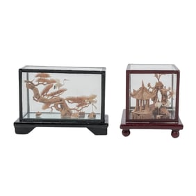 (2pc) Chinese Hand Carved Cork Landscape Scenes