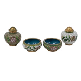 (4 pcs) Antique Chinese Cloisonne Salt & Pepper Set