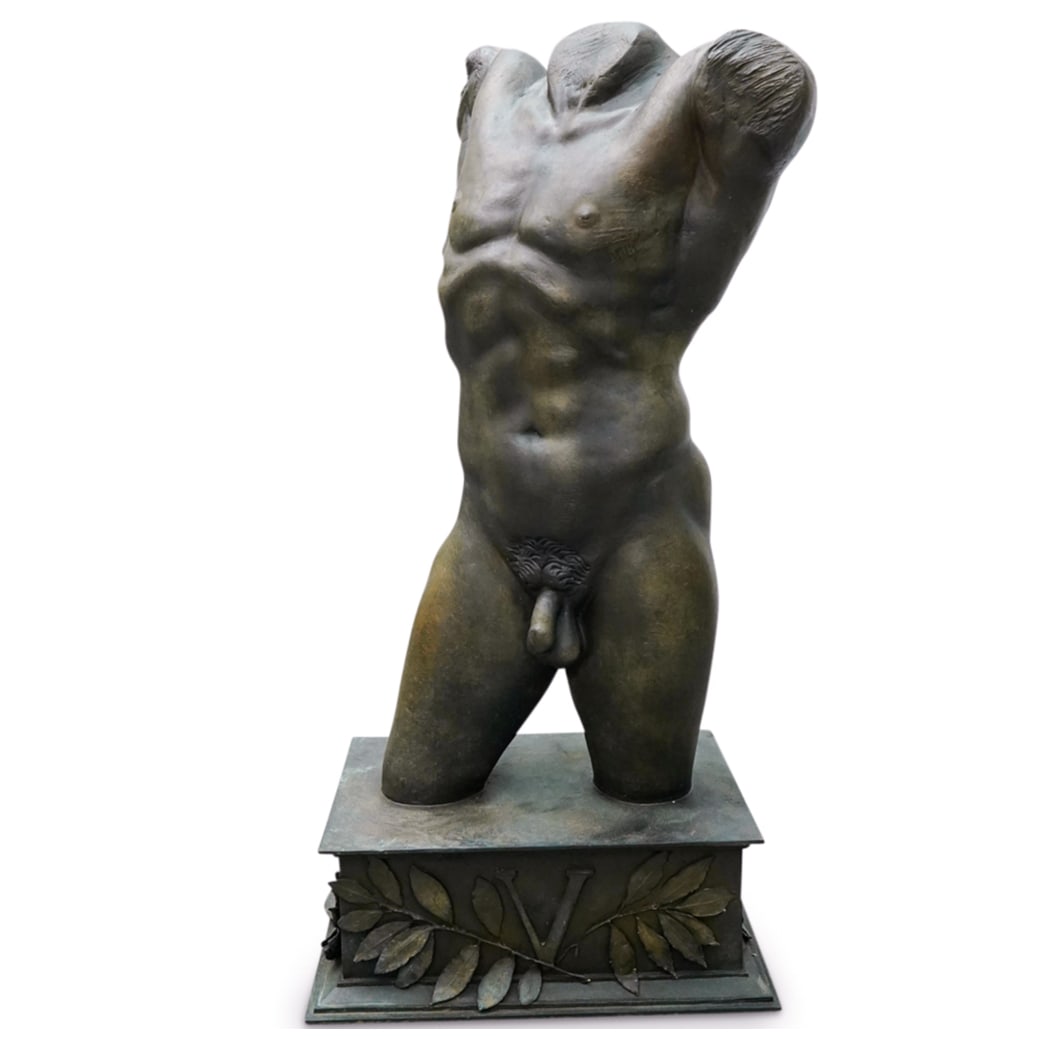 Nilda M. Comas (Puerto Rican, XX) Life Size Nude Male Bronze: Nilda M. Comas (Puerto Rican, XX) Life Size Nude Male Bronze2001, Puerto RicoBronze sculpture by Nilda M. Comas depicting a nude male torso on a foliage laden platform emblazoned with a V. Signed, num