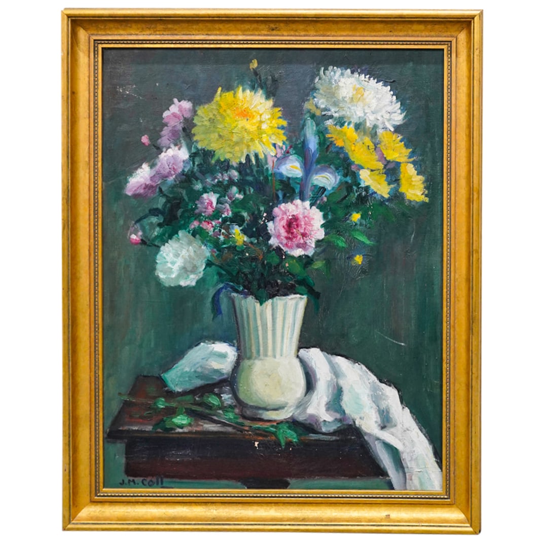 Signed J.M. Coll Flower Vase Still Life Oil On Board: Signed J.M. Coll Flower Vase Still Life Oil On Board20th Cent.Oil on board still life depicting a vase of flowers on a table. Signed "J.M. Coll" at lower left and mounted in a gilt wooden frame.(With