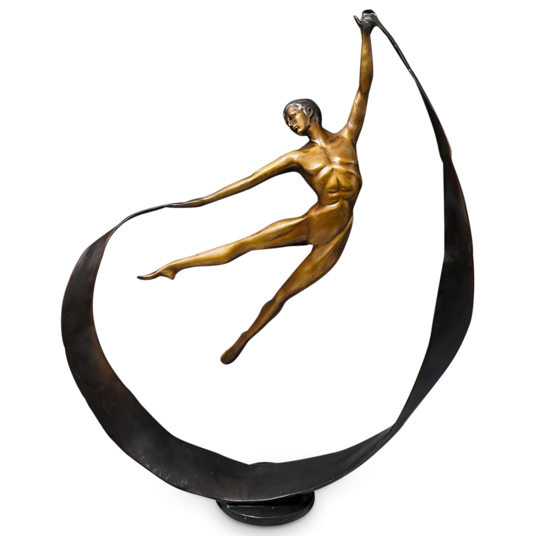 Vintage Surrealist Figural Bronze: Vintage Surrealist Figural Bronze 20th Century Surrealist bronze sculpture depicting an airborne man whose hands become a ribbon beneath him attached to statue base. H: 28" W: 6.25" L: 21.75"