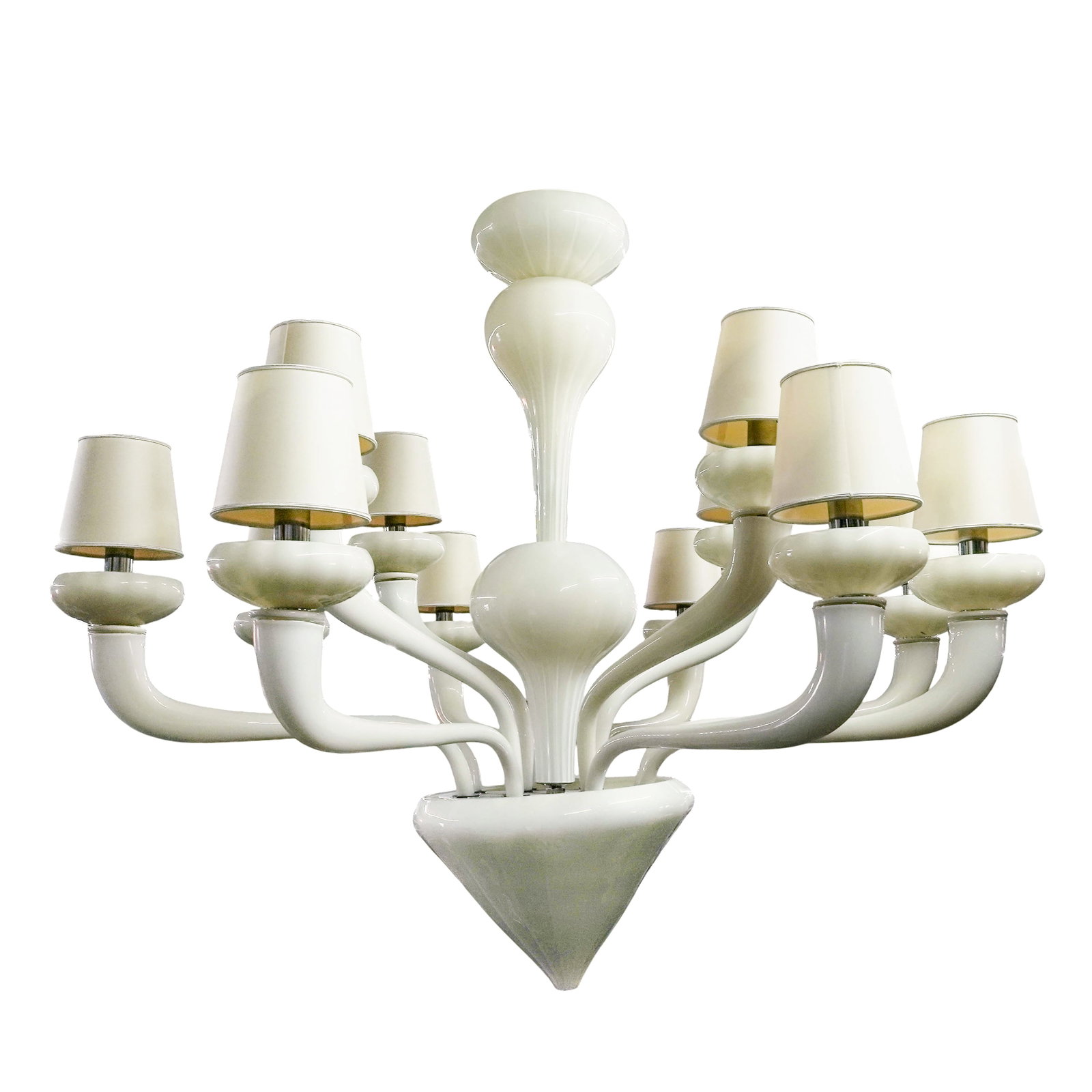 Fendi Casa Murano Glass Opalino Chandelier: Fendi Casa Murano Glass Opalino Chandelier20th century, ItalianA large Fendi Casa Italy designer cream opalino Murano glass chandelier with 11 lights. Fabric light shades. Center shade marked etched "