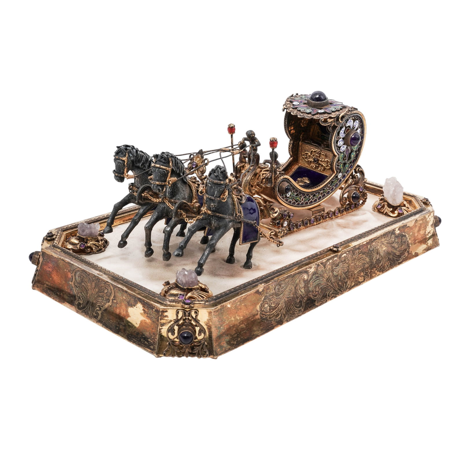Austro-Hungarian Gilt Silver, Gemstone & Enamel Carriage Sculpture: Austro-Hungarian Gilt Silver, Gemstone & Enamel Carriage SculptureLate 19th-early 20th century, Austro-HungarianGilt sterling Silver & Enamel Chariot / Carriage intricate centerpiece featuring elabora