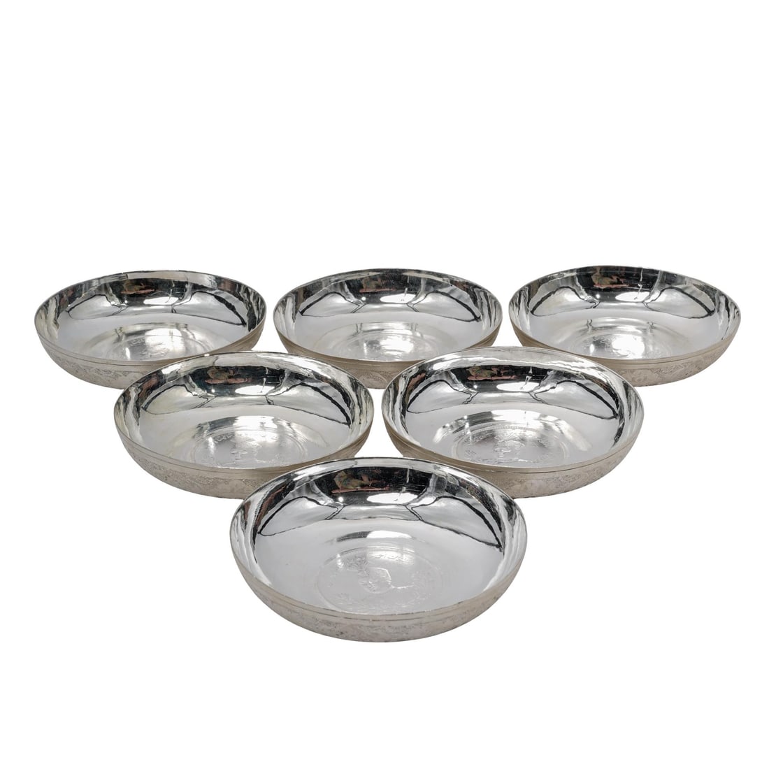 (6 pcs) Vintage Sterling Persian Silver Bowls with Inset Coins: (6 pcs) Vintage Sterling Persian Silver Bowls with Inset CoinsEarly to mid 20th century, PersianA set of six vintage Persian sterling silver bowls with inset coins. Each coin is marked in Arabic on fr