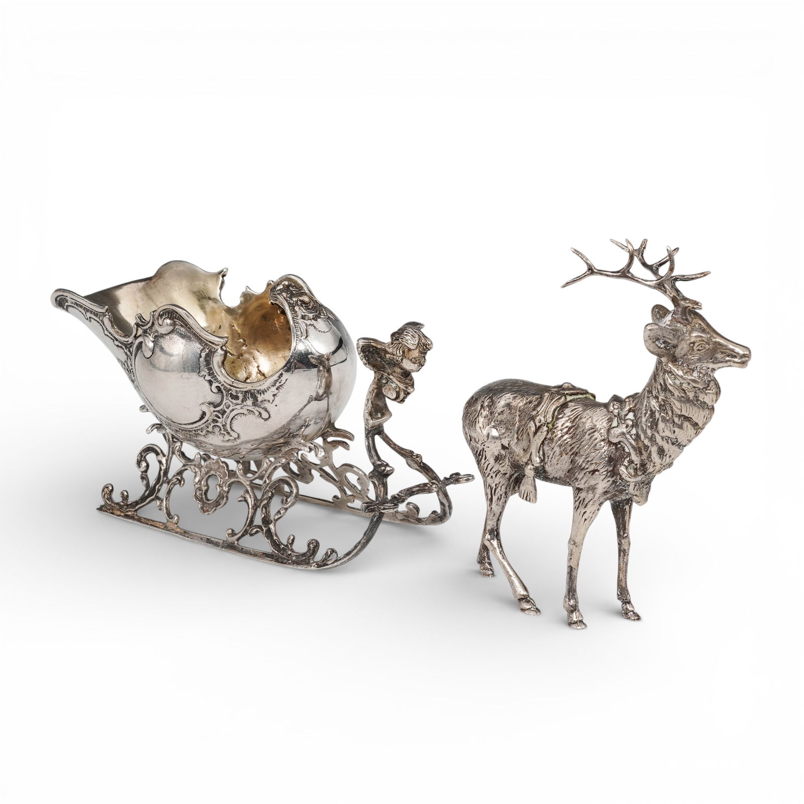 (2 pcs) European 800 Silver Reindeer and Sleigh Sculpture (1 of 9)