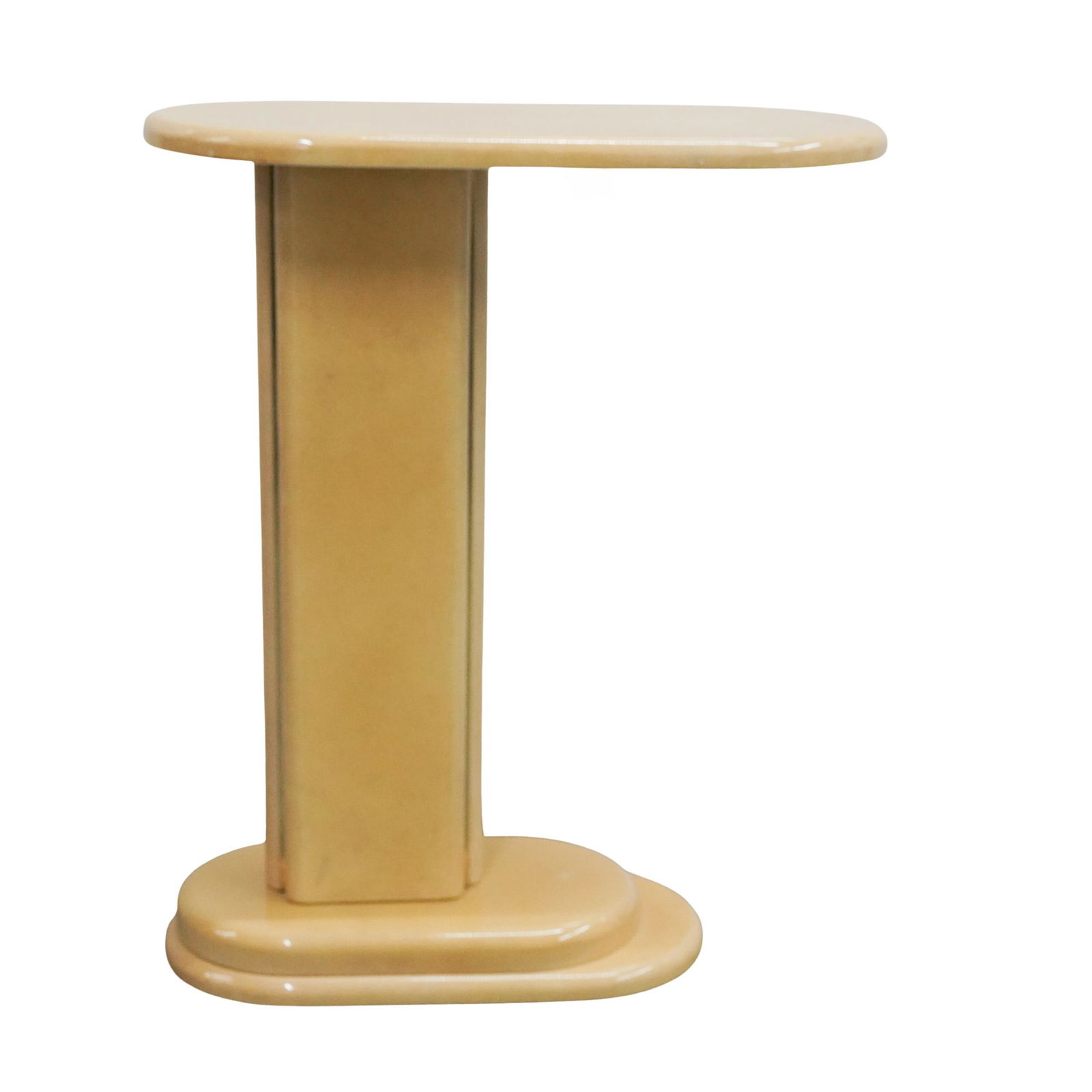 Karl Springer Goatskin Side Table: Karl Springer Goatskin Side Tablemid 20th centuryA mid-century modern Karl Springer goatskin side table in a yolk yellow color with a distinct, rounded geometric pedestal and oval top and a high-gloss