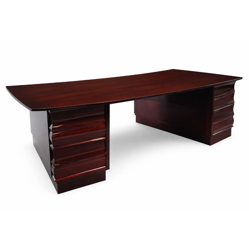 French A. De Beyne Roubaix Art Deco Lacquered Executive Desk: French A. De Beyne Roubaix Art Deco Lacquered Executive DeskA grand Art Deco Lacquered Executive Desk. Two locking doors conceal eight drawers. The center drawer is also keyed. . Made in France. Stamp