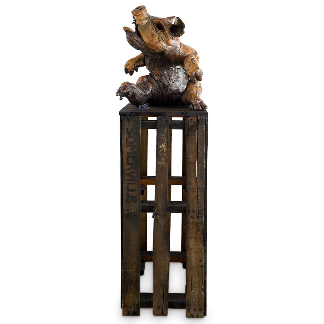 Brian Somerville (21st century, American) ''Revenge Is Best In Snall Doses'' Stoneware Sculpture: Brian Somerville (21st century, American) ''Revenge Is Best In Snall Doses'' Stoneware Sculpture2006, AmericanA sculpture featuring a realistically designed mixed media ceramic pig in an upright seate