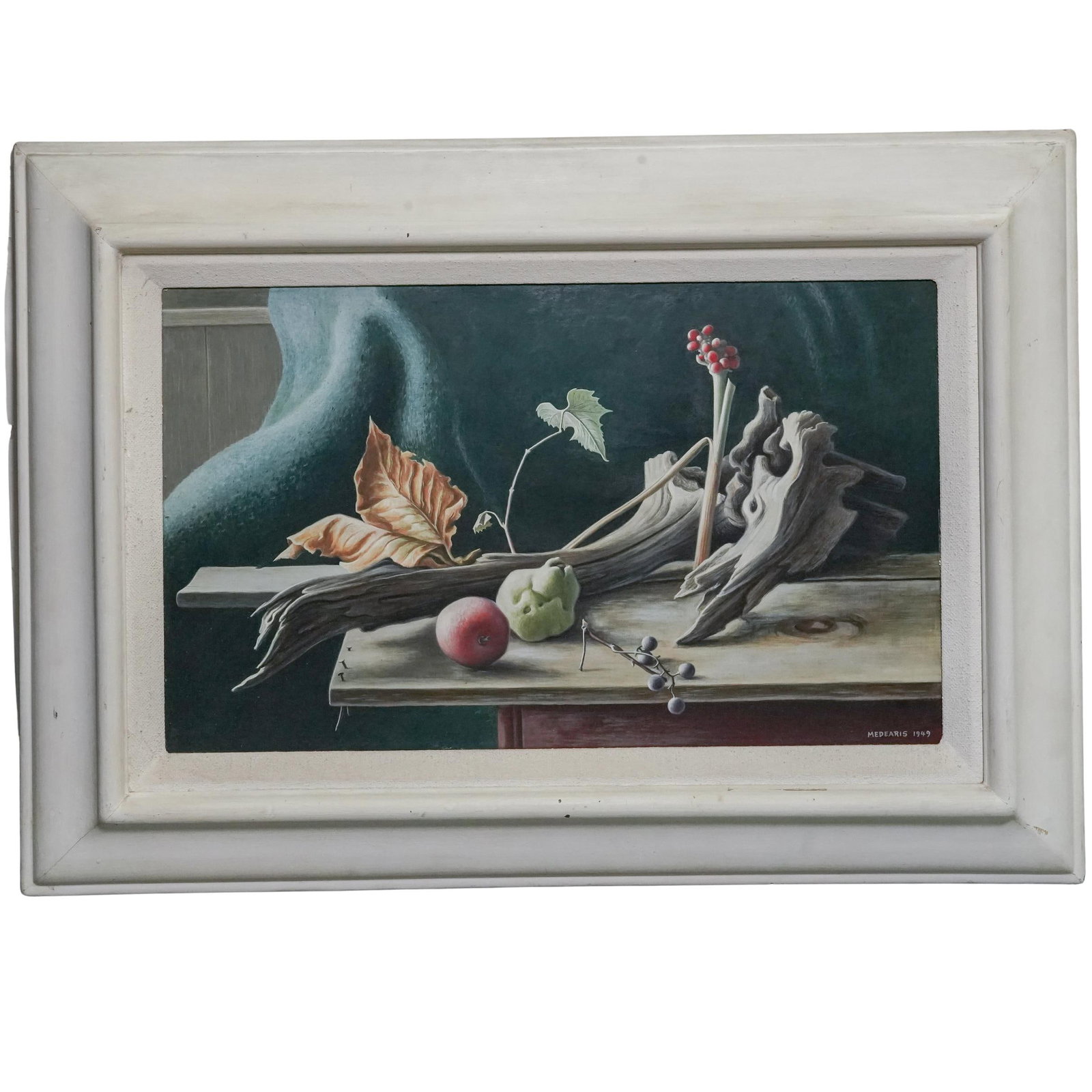 Roger Medearis (American, 1920-2001) Still Life Oil On Board Painting: Roger Medearis (American, 1920-2001) Still Life Oil On Board Painting 1949, American Roger Medearis (American, b. 1920 d. 2001) still life oil on panel painting featuring berries, florals, and