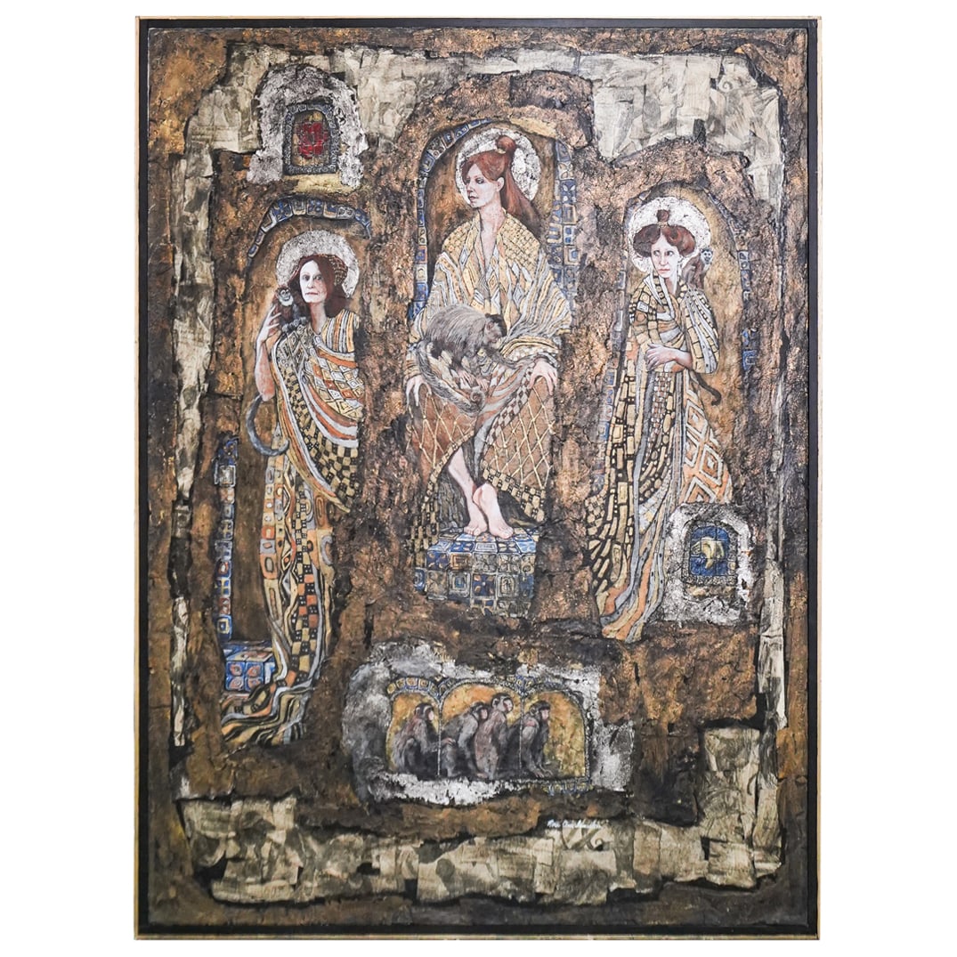 Rose Ann Samuelson (b. 1937, USA) "Saints and Monkeys" Acrylic on Linen: Rose Ann Samuelson (b. 1937, USA) "Saints and Monkeys" Acrylic on Linen20th, AmericanRose Ann Samuelson (b. 1937, USA) "The Saints and Monkeys" acrylic on linen painting. Features three central female