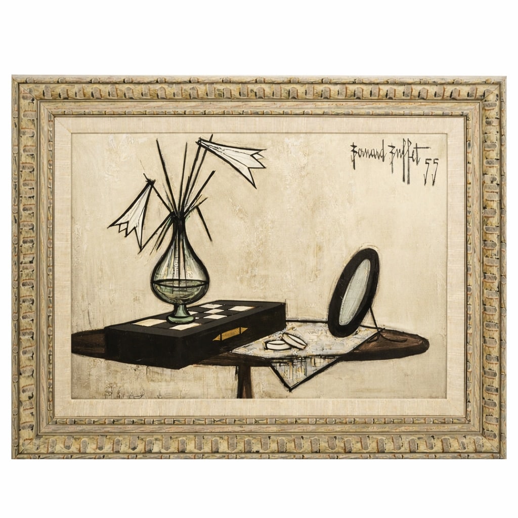 Bernard Buffet (French, 1928-1999) Still Life Oil on Canvas Painting: Bernard Buffet (French, 1928-1999) Still Life Oil on Canvas Painting1955, FrenchA still life on linen canvas painting by Bernard Buffet (French, b. 1928 d. 1999), depicting a game box and lillies with