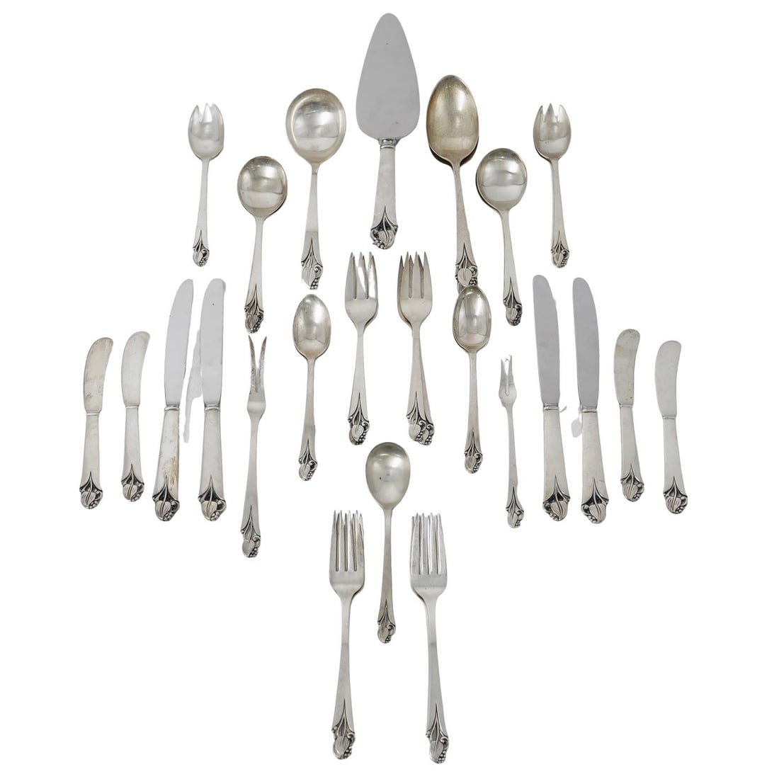 (35pc) Frank W. Smith Co. "Woodlily" Sterling Silver Flatware: (35pc) Frank W. Smith Co. "Woodlily" Sterling Silver Flatware1945, USA(35pc) Frank W. Smith Co. "Woodlily" Sterling Silver FlatwareThe design of the flatware is known as the Woolly pattern, which feat