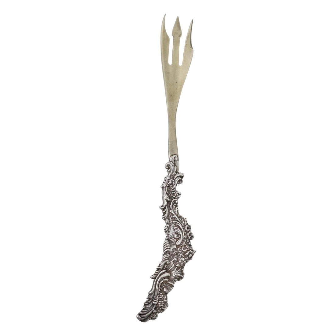 George W. Shiebler Sterling Silver Serving Fork: George W. Shiebler Sterling Silver Serving Fork1891,USASterling silver large serving fork features an ornate, highly detailed handle, consistent with late 19th century designs. The fork has three tine