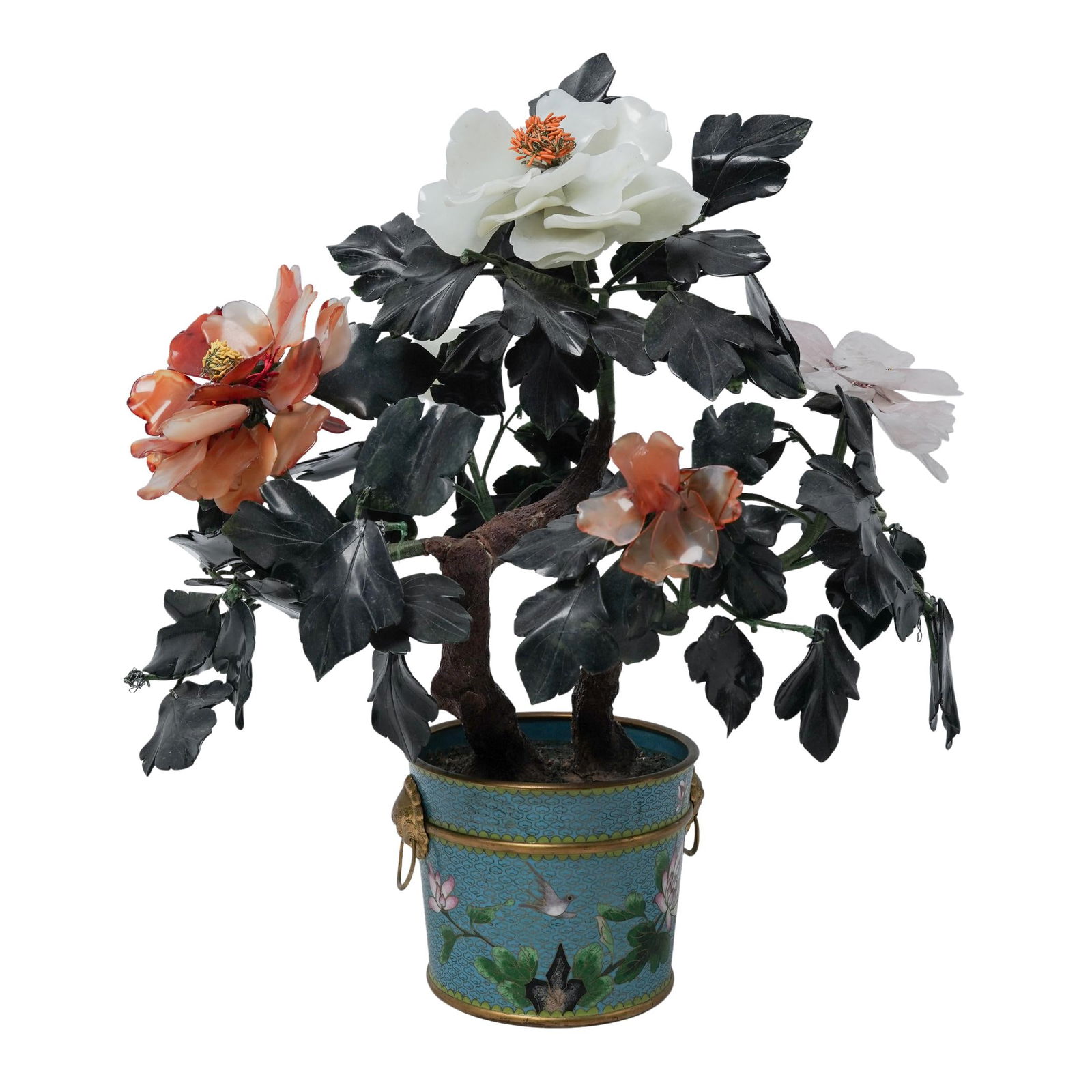 Large Chinese Cloisonne & Jade Flower Bonsai Tree: Large Chinese Cloisonne & Jade Flower Bonsai Tree20th century, ChineseThe flowers are made of carved Jade, Agate and Quartz. The pot is cloisonné enamel planter, featuring floral and birds pattern.H.