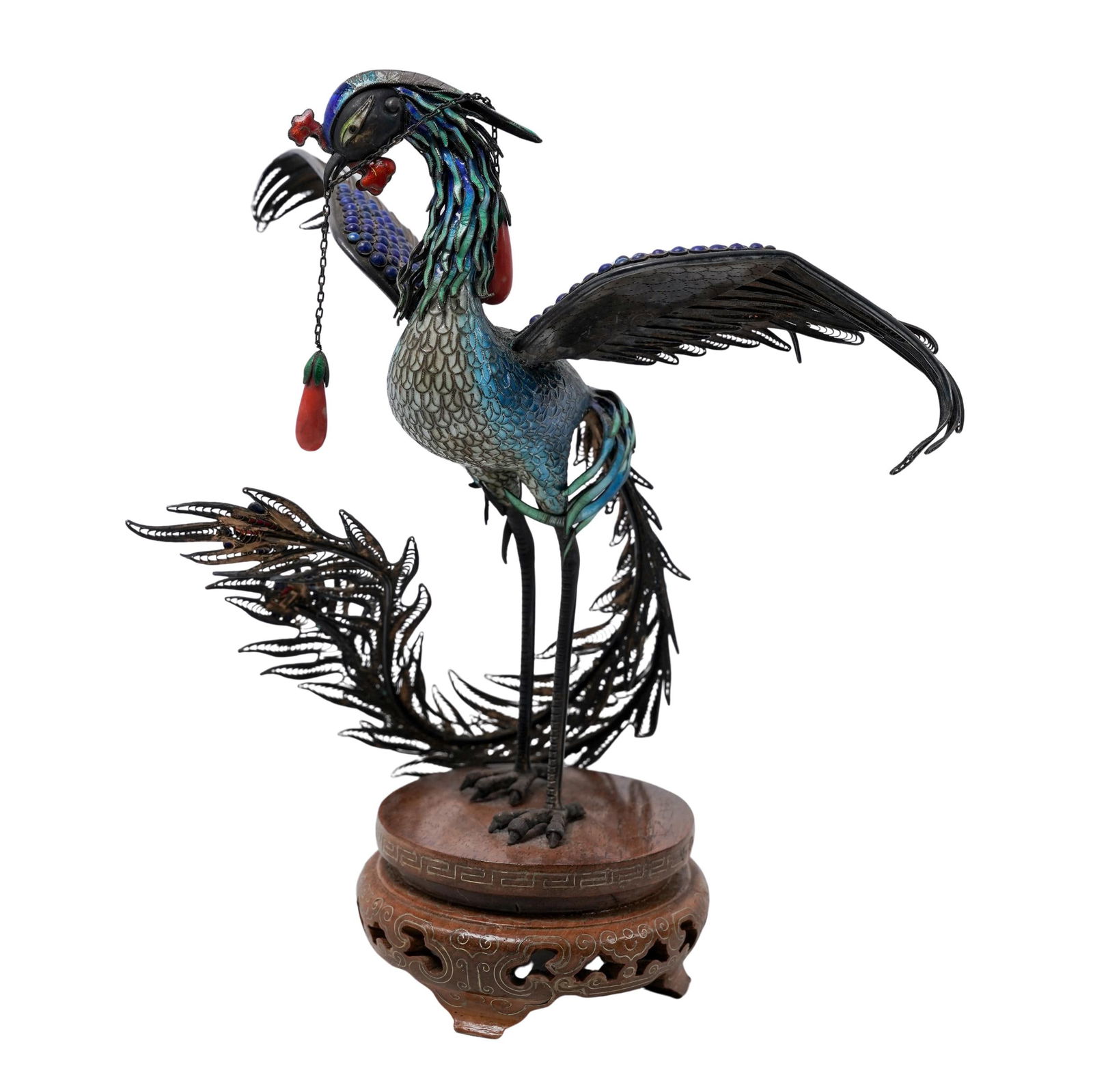 Antique Chinese Enameled Silver Phoenix Statue: Antique Chinese Enameled Silver Phoenix StatueLate 19th-early 20th century, ChineseAn antique Chinese enameled silver blue phoenix statue with coral drop beading. Marked "silver" on tail feathers. Car