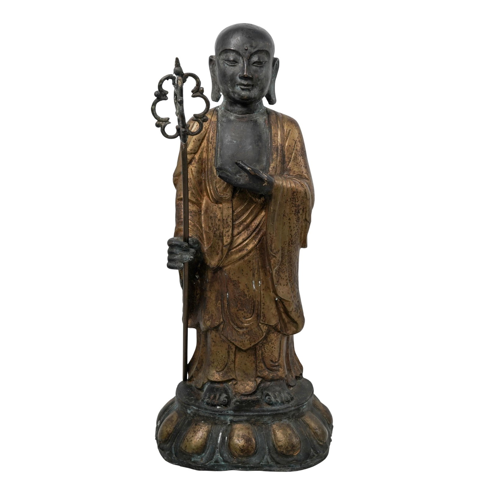 Antique Large Bronze Ksitigarbha Buddhist Statue: Antique Large Bronze Ksitigarbha Buddhist Statue19th c., JapanAntique large bronze gilt statue of the Ksitigarbha Bodhisattva, also known as Jizo Bosatsu in Japan. He holds a khakkhara or shakujo staf