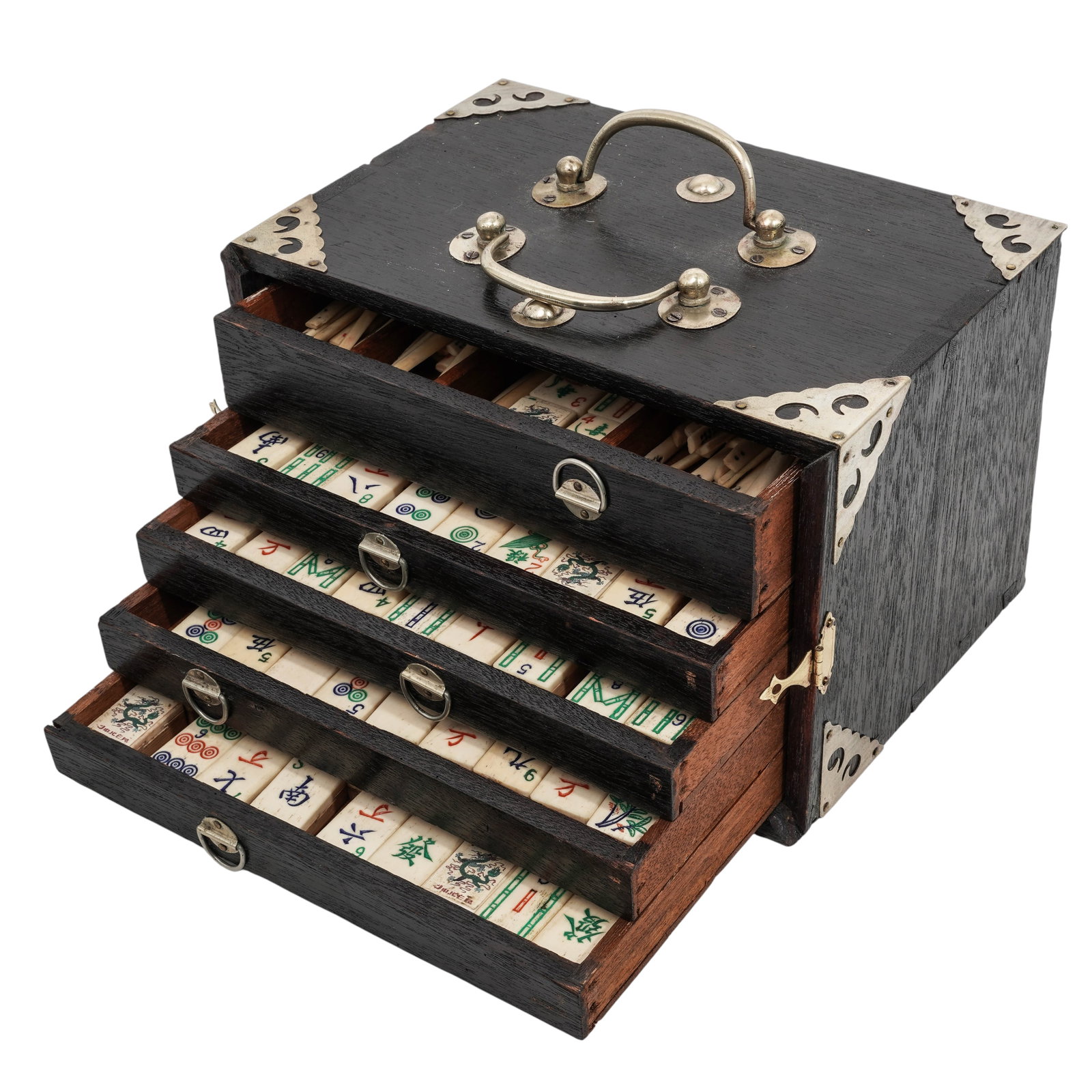 Antique 1920s Chinese Mahjong Game Set: Antique 1920s Chinese Mahjong Game Set1920s, ChineseAntique patented 1923 Chinese Mahjong genuine set, box featuring brass fittings and Chinese characters on the front panel. The box contains its orig