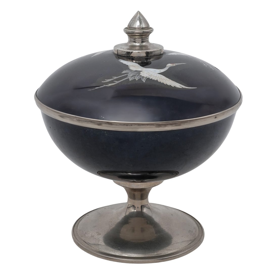 Japanese Cloisonne Enamel Lidded Compote: Japanese Cloisonne Enamel Lidded CompoteEarly-Mid 20th century, JapaneseCloisonne enamel lidded compote, has a footed silver base and a finial on the lid with cranes motif. The inscription on the unde
