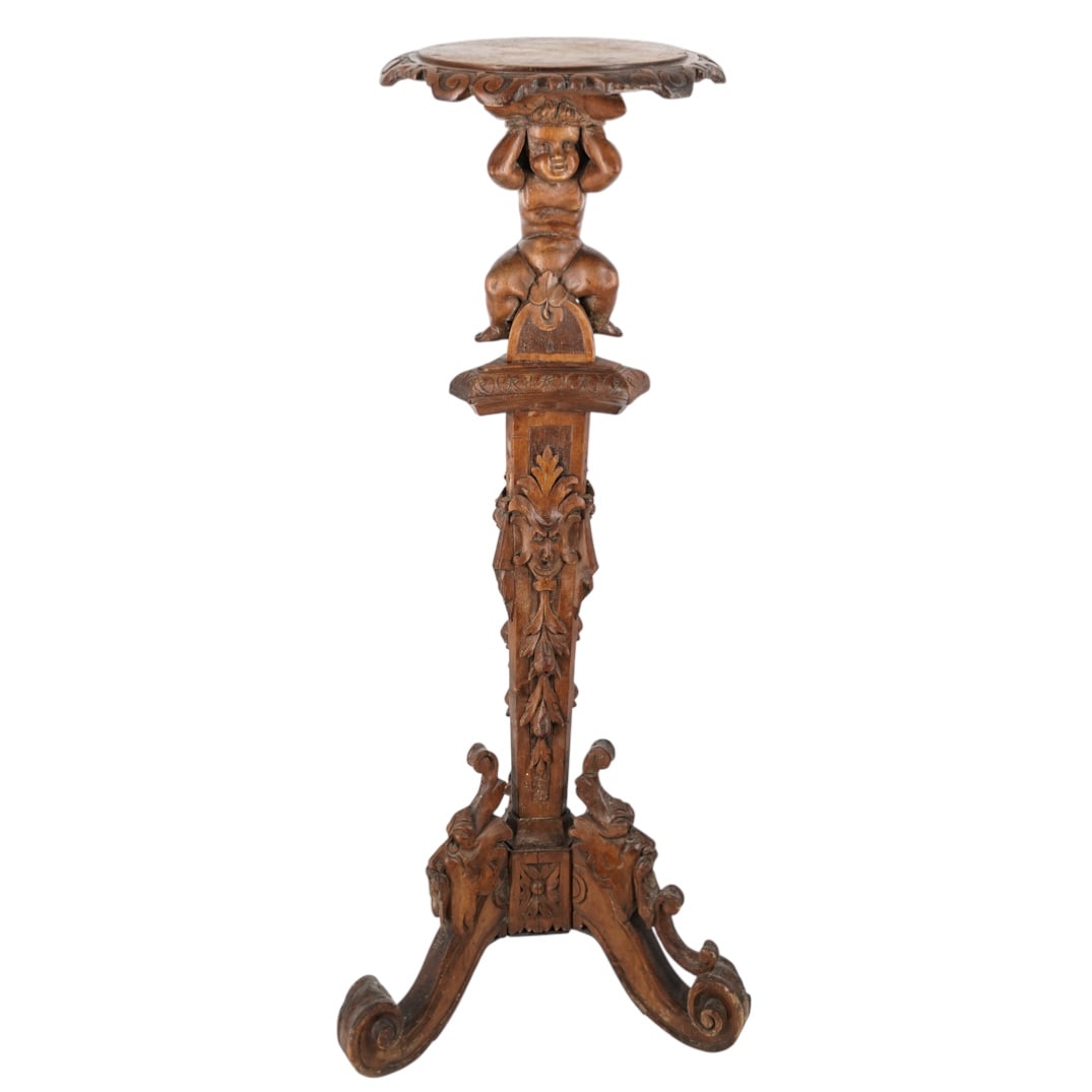 Antique Italian Renaissance Revival Cherub Wood Pedestal (1 of 6)