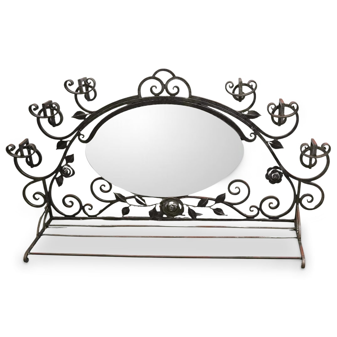 French Art Deco Wrought Iron Mirrored Hat Rack: French Art Deco Wrought Iron Mirrored Hat Rackcirca 1920s-1930s, FrenchA French Art Deco wrought iron hat rack with a scroll work design and central mirror.H 24" x L 48" x Depth 11"