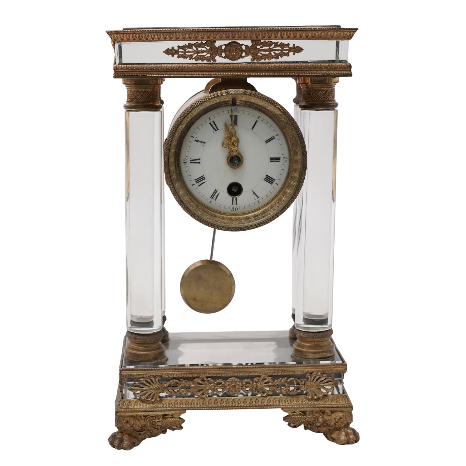 C. Brunier Paris Bronze & Crystal Portico Clock: C. Brunier Paris Bronze & Crystal Portico ClockLate 19th Cent., FrenchThe clock is designed in the Neoclassical style, featuring a rectangular frieze surmounted by finely chased gilt-bronze floral gar
