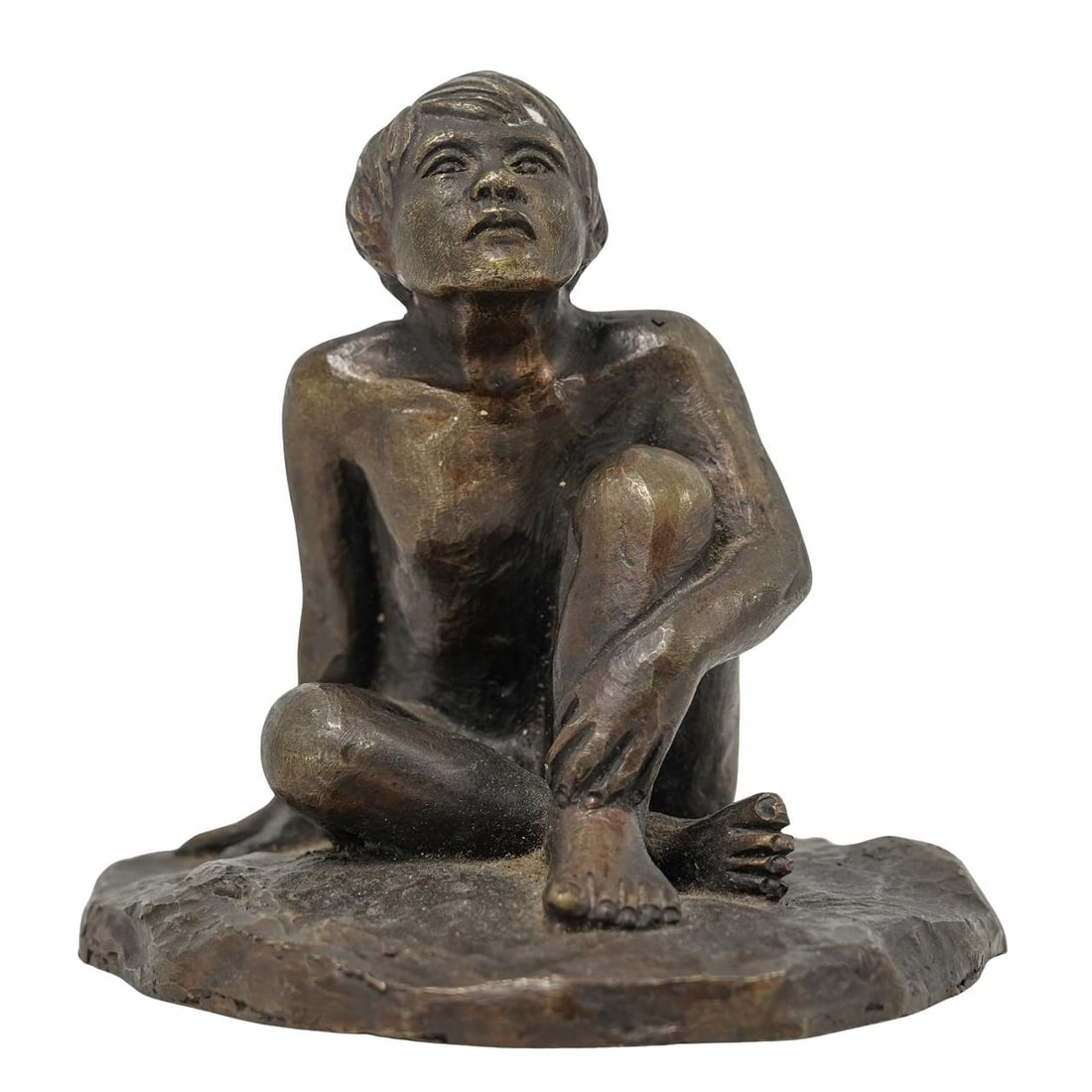 Signed Nude Bronze Sculpture: Attributed Tom Greenshields Bronze Sculpture20th century, BritishThe sculpture depicts a seated boy figurine, looking upward, it is made of a bronze with minor patina.Initialed at base.H. 4.5" x W. 5"