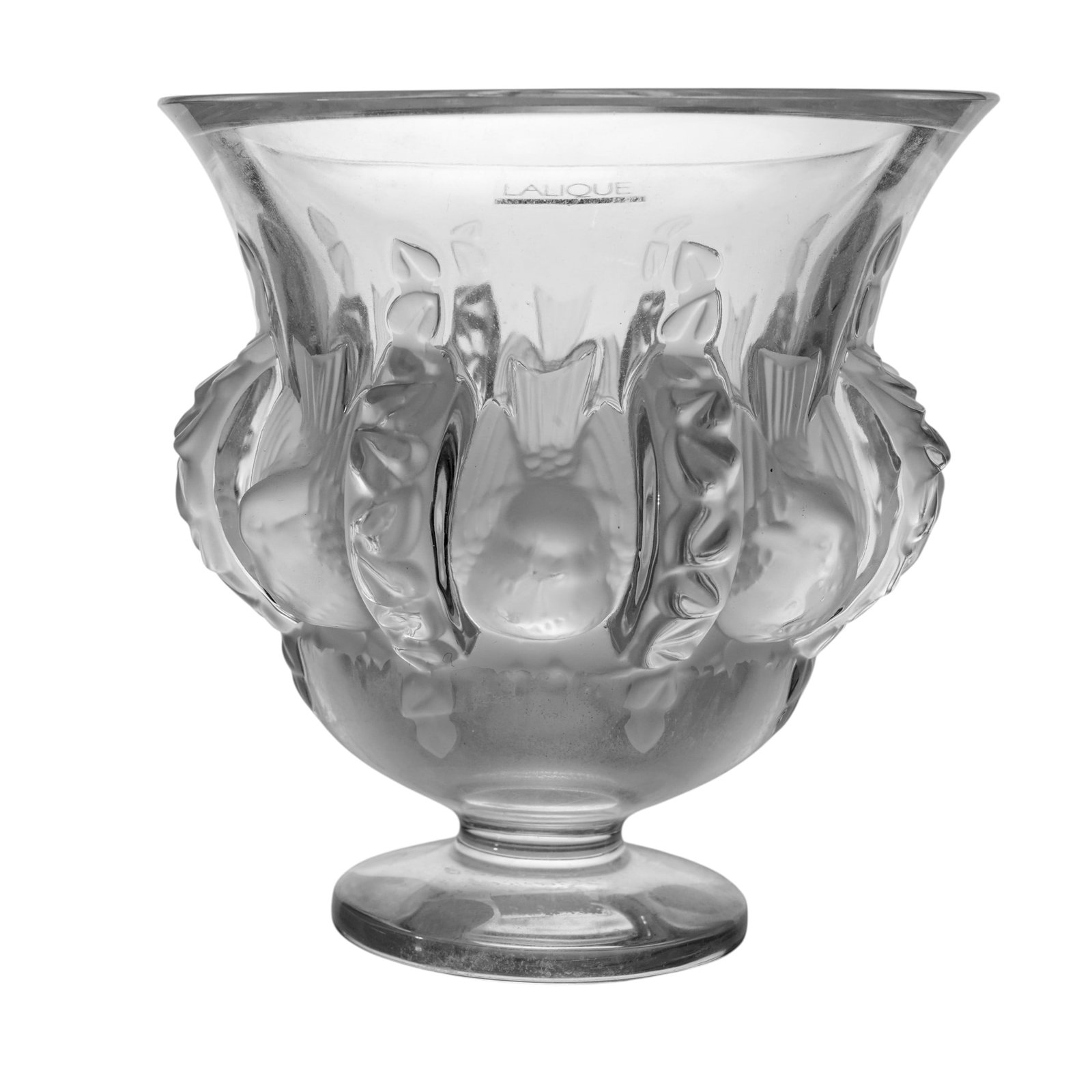 Lalique "Dampierre" Crystal Vase: Lalique "Dampierre" Crystal VaseMid 20th Cent., FrenchLalique France crystal "Dampierre" vase, featuring frosted crystal with birds and foliage in relief. Designed by Marc Lalique in 1948. Signed on t