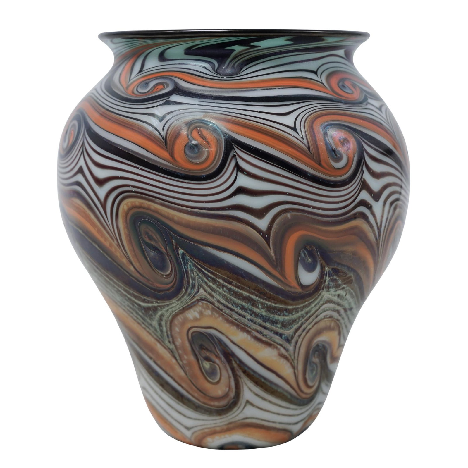 Vintage Orient & Flume Art Glass Vase: Vintage Orient & Flume Art Glass Vase20th century, AmericanOrient & Flume art glass vase in oprange, black, and white swirl design. Marked on bottom "Orient and Flume" "74" "M25".H 7" x Diameter (mout