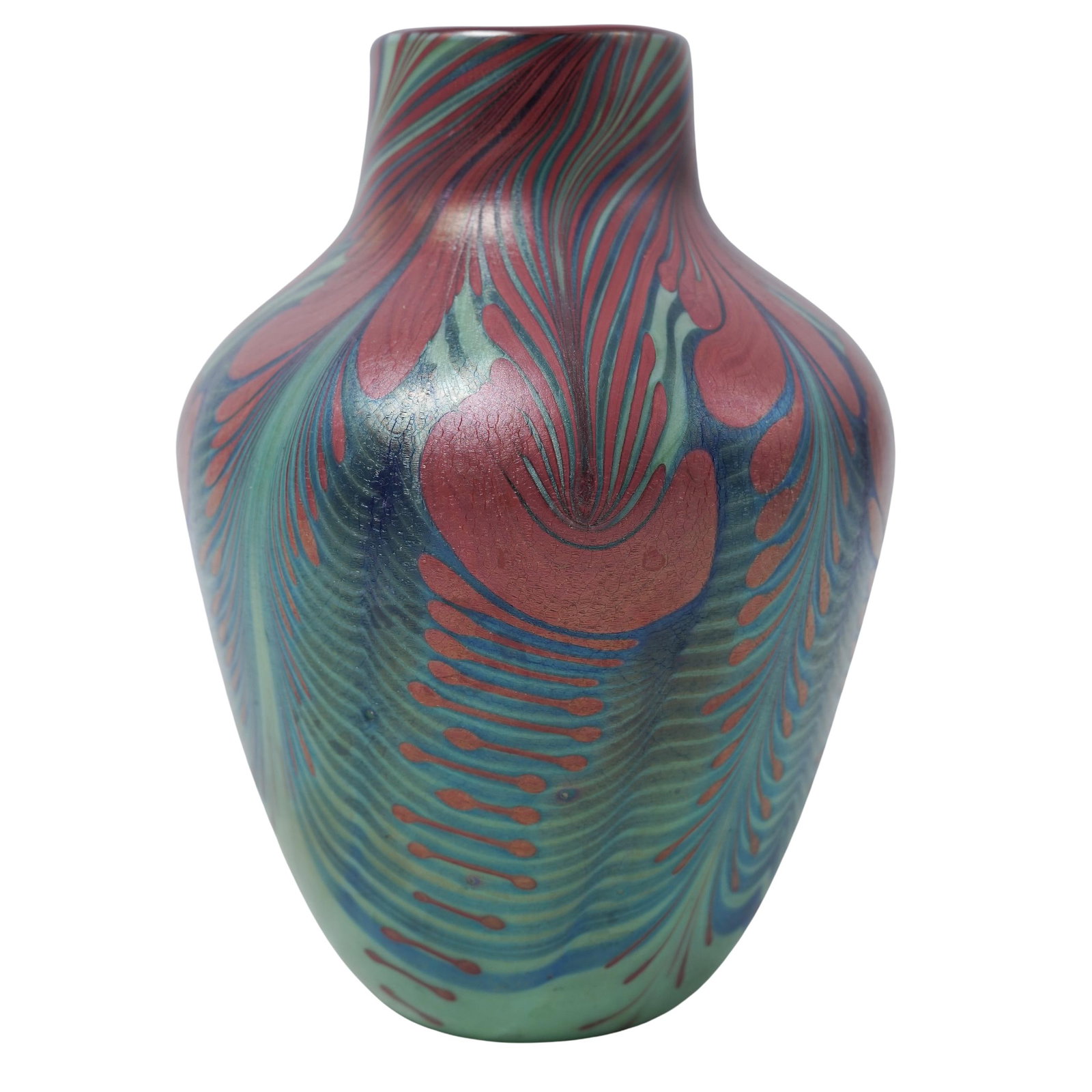 Vintage Orient & Flume Art Glass Vase: Vintage Orient & Flume Art Glass Vase20th century, AmericanOrient & Flume art glass vase in a pulled feather design in blue, green, and red. Marked on bottom "Orient and Flume" "74" "M14".H 7.25" x Di