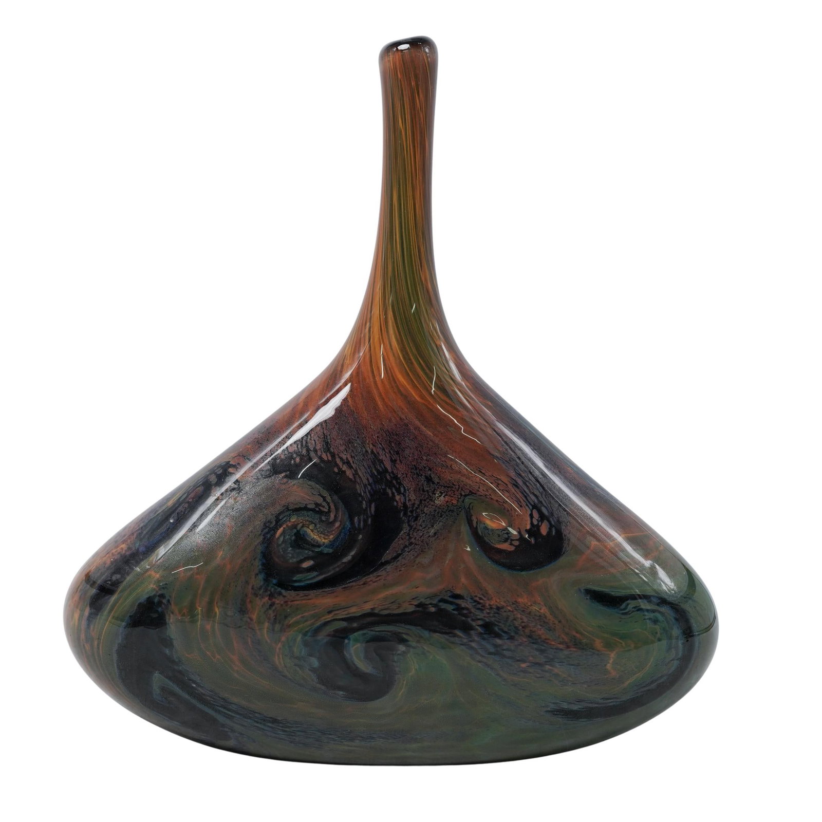 David Lotton Style Art Glass Teardrop Vase: David Lotton Style Art Glass Teardrop Vase1990s, USAThe large vase design features a teardrop shape with a narrow neck and swirling, organic patters in warm earth tones, including green orange and bla