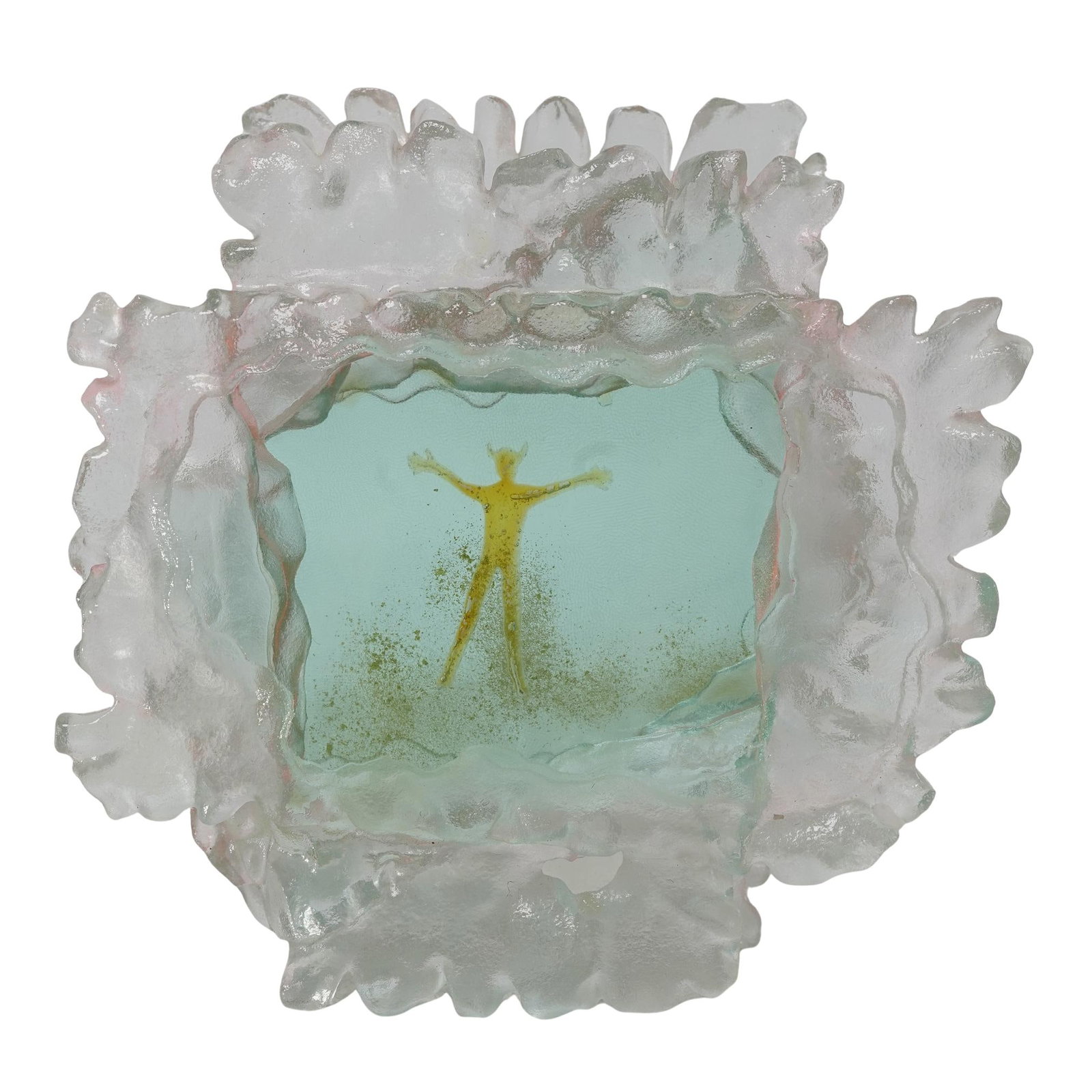 Susan Pelish (American, b. 1946) Art Glass Sculpture: Susan Pelish (American, b. 1946) Art Glass SculptureLate 20th c., USAModernist diorama composed of layered, fused, and colored glass depicting a demon inside a frosted pink glass frame.H: 7.75" W: 7.7