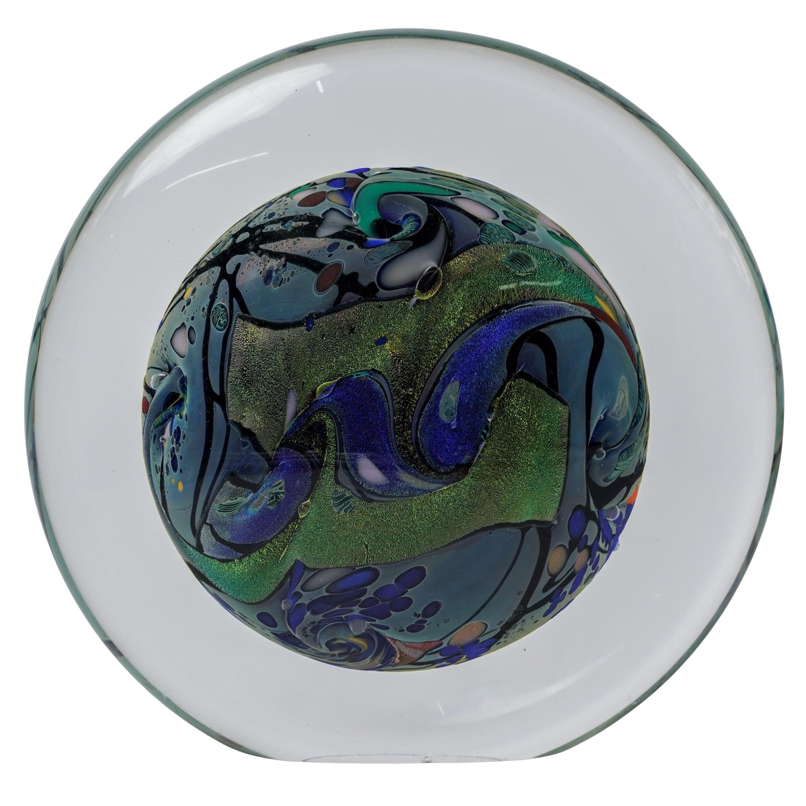 Rollin Karg (American, B.1944) Diochroic Art Glass Sculpture: Rollin Karg (American, B.1944) Diochroic Art Glass Sculpture1996, USAContemporary Art Glass Paperweight by Rollin Karg features vibrant colors, complex swirling patters. The piece is made from dichroi