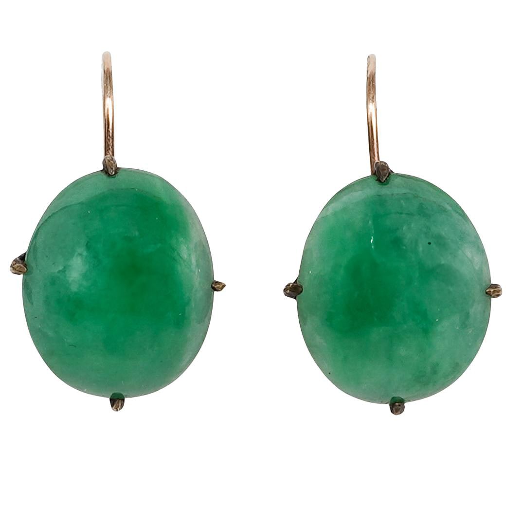 Antique Chinese 10k Gold and Apple Jadeite Earrings: Antique Chinese 10k Gold and Apple Jadeite EarringsLate 19th-early 20th century, ChineseA pair of antique Chinese 10k gold earrings with apple green jadeite stones. Suitable for both pierced and un-pi