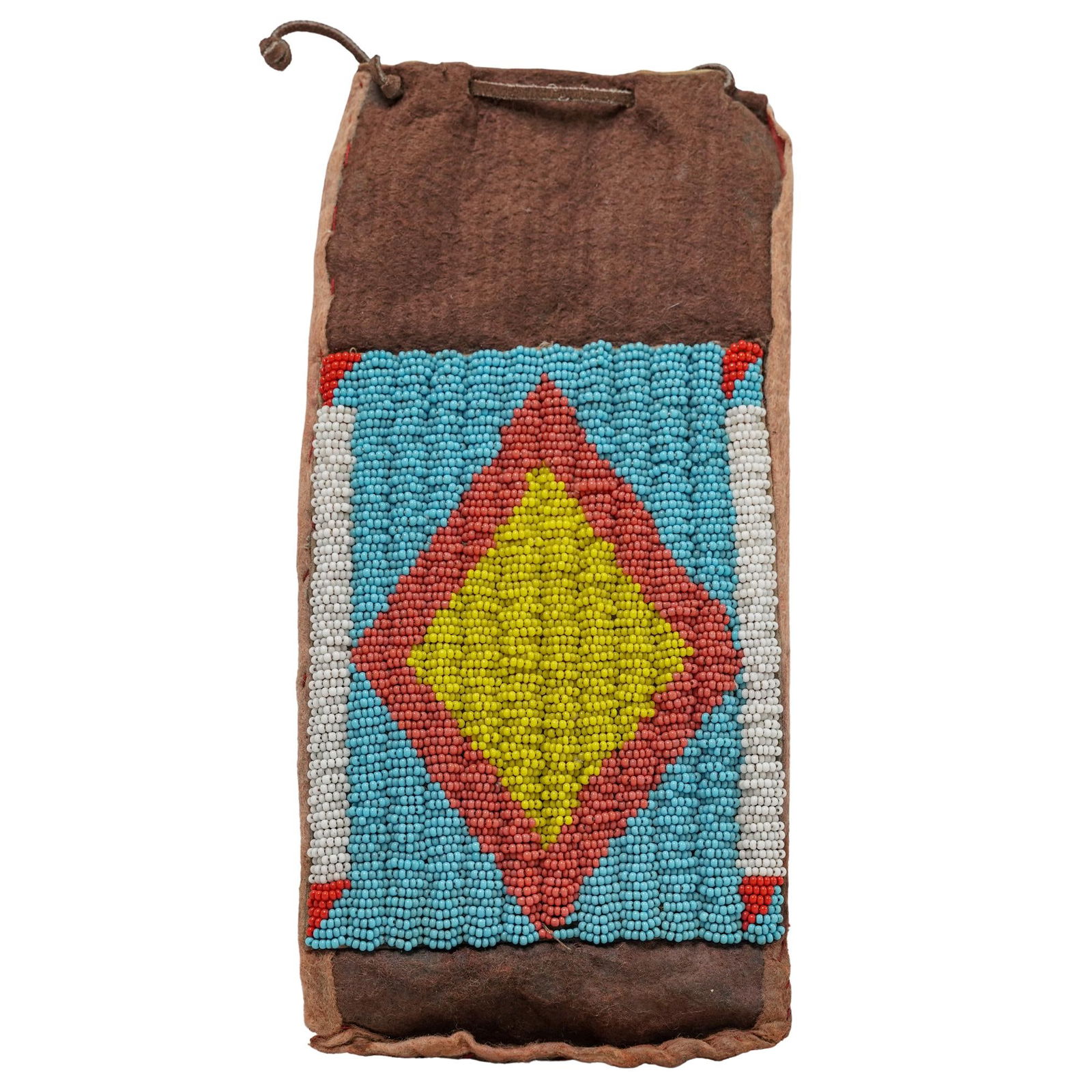 Antique Native American Sioux Art Beaded Pouch: Antique Native American Sioux Art Beaded Pouch20th century, USAIt features single-needle beadwork with a prominent central yellow diamond shape bordered ny red, white, and light blue beads. The materi