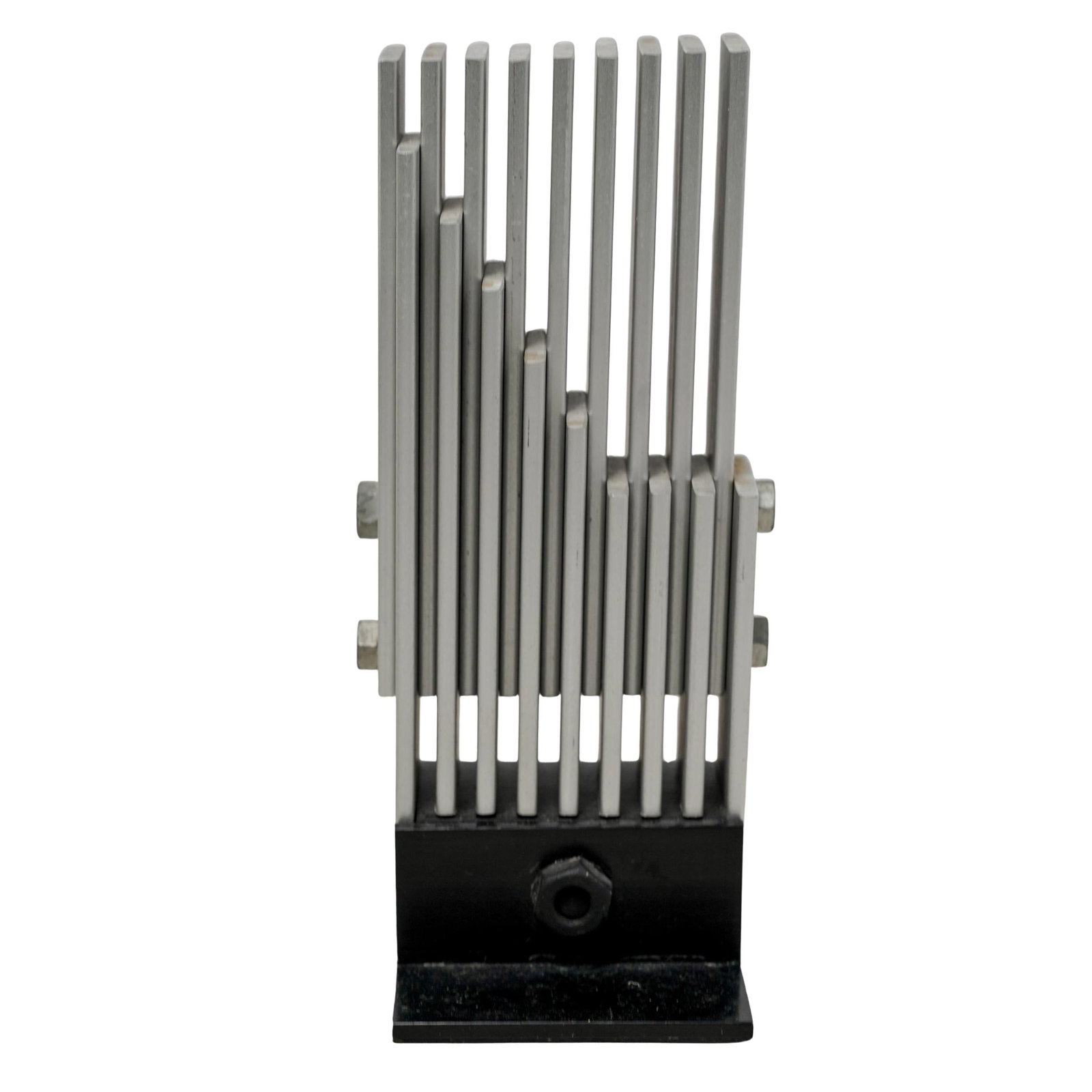 Signed Cohen Postmodern Industrial Heatsink Sculpture: Signed Cohen Postmodern Industrial Heatsink Sculpture21st c., USALimited edition metal sculpture resembling a heatsink. It is signed "Cohen" and numbered 1/94.H: 5.5" W: 2.25" L: 3"