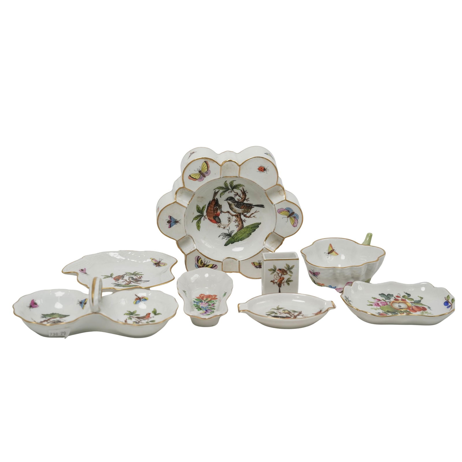 (11 pc) Lot of Herend Porcelain "Rothschild Bird" & "Fruits & Flowers" Patterns: (11 pc) Lot of Herend Porcelain "Rothschild Bird" & "Fruits & Flowers" Patterns20th century, HungaryThe Lot of Herend china Includes:(1) large ashtray(1) small ashtray(1) Large egg-shaped lidded box(1