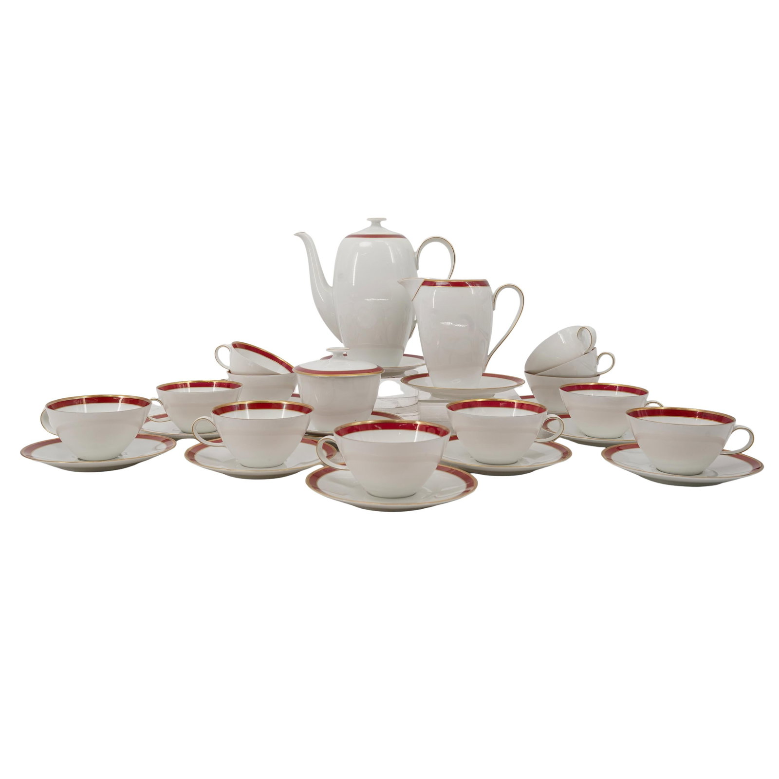 (41pc) Rosenthal Porcelain Tea Service: (41pc) Rosenthal Porcelain Tea Service Mid 20th Cent.,German This set features a classic design with a wide, deep rust-red band and a gold trim on a white porcelain base. Each piece is marked to the