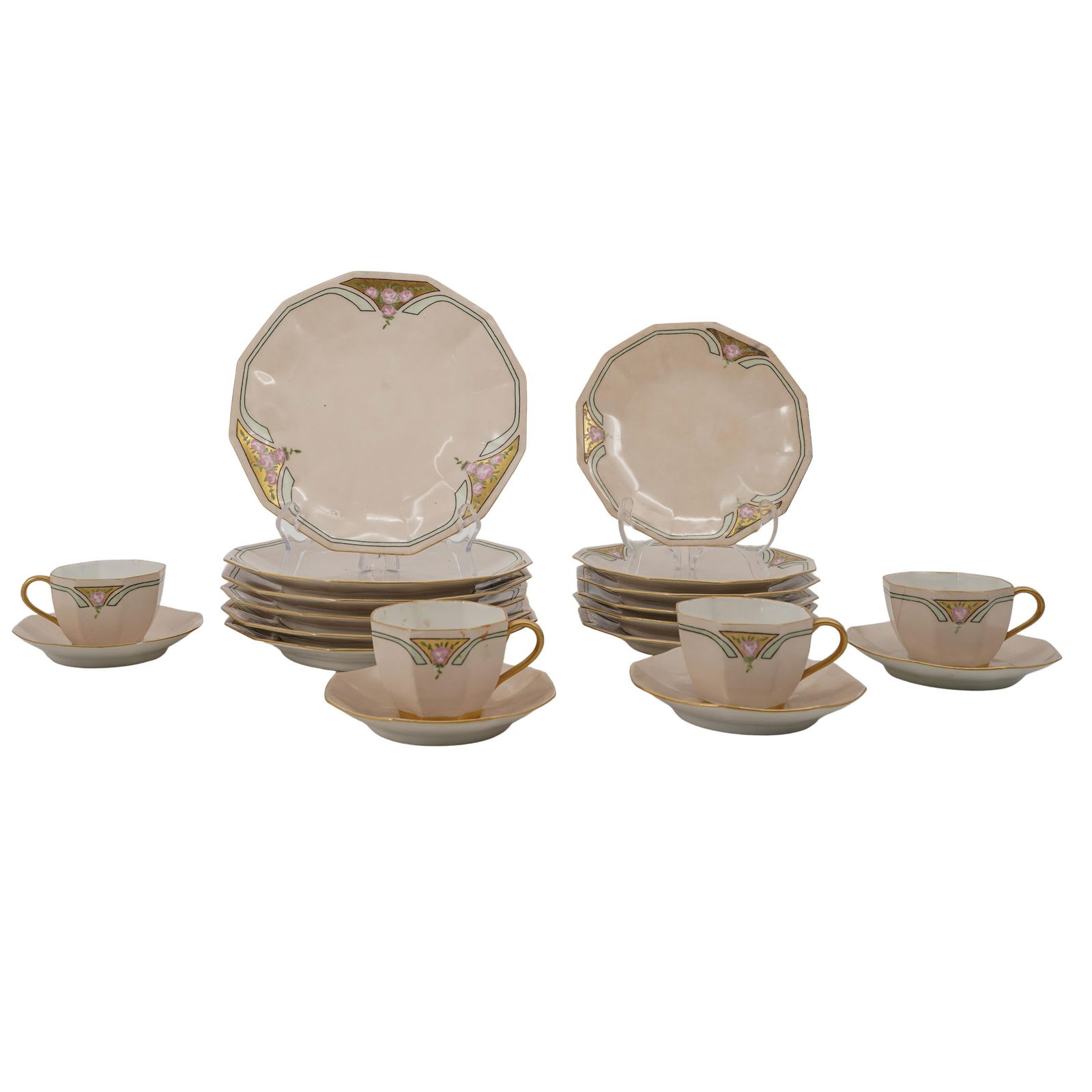 (21 pcs) Art Deco M Burckhardt Limoges Floral Porcelain Set: (21 pcs) Art Deco M Burckhardt Limoges Floral Porcelain Set circa 1920s-1940s, French/Swiss A set of twenty-one Art Deco era porcelain items in a warm white color with Art Deco floral designs and