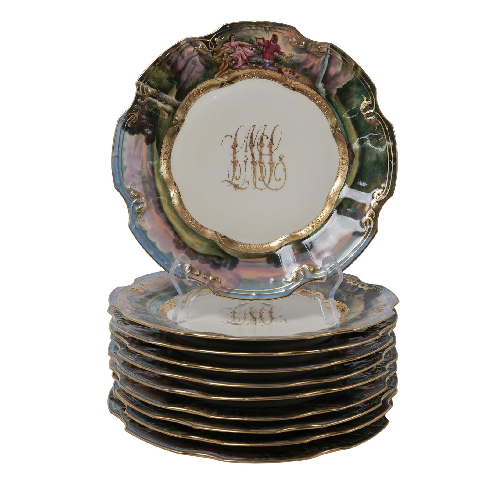 (10 pcs) Dresden Hand Painted Porcelain Wagner Opera Scenes Plates: (10 pcs) Dresden Hand Painted Porcelain Wagner Opera Scenes Plates Early 20th century, Germany A set of ten Dresden hand-painted porcelain plates depicting opera scenes from operas by Richard Wagner