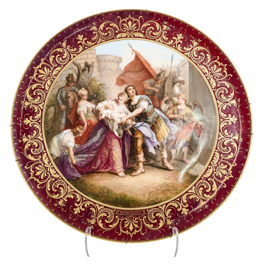 Antique Royal Vienna 'Hectors Abschied' Porcelain Plaque: Antique Royal Vienna 'Hectors Abschied' Porcelain PlaqueLate 19th to early 20th. AustrianThis antique Royal Vienna 'Hectors Abschied' porcelain plaque, depicts a scene of the Trojan hero Hector with h