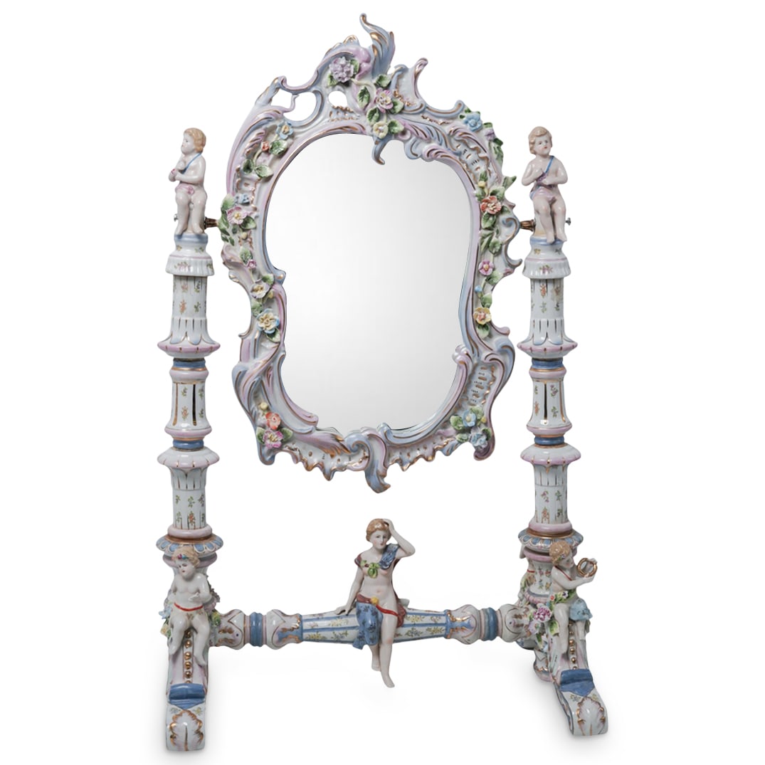 Vintage Rococo-Style Meissen Porcelain Mirror: Vintage Rococo-Style Meissen Porcelain Mirror20th century, GermanAn ornate porcelain vanity mirror stand or dressing table mirror. It is made in a Rococo Revival manner, characterized by elaborate, wh